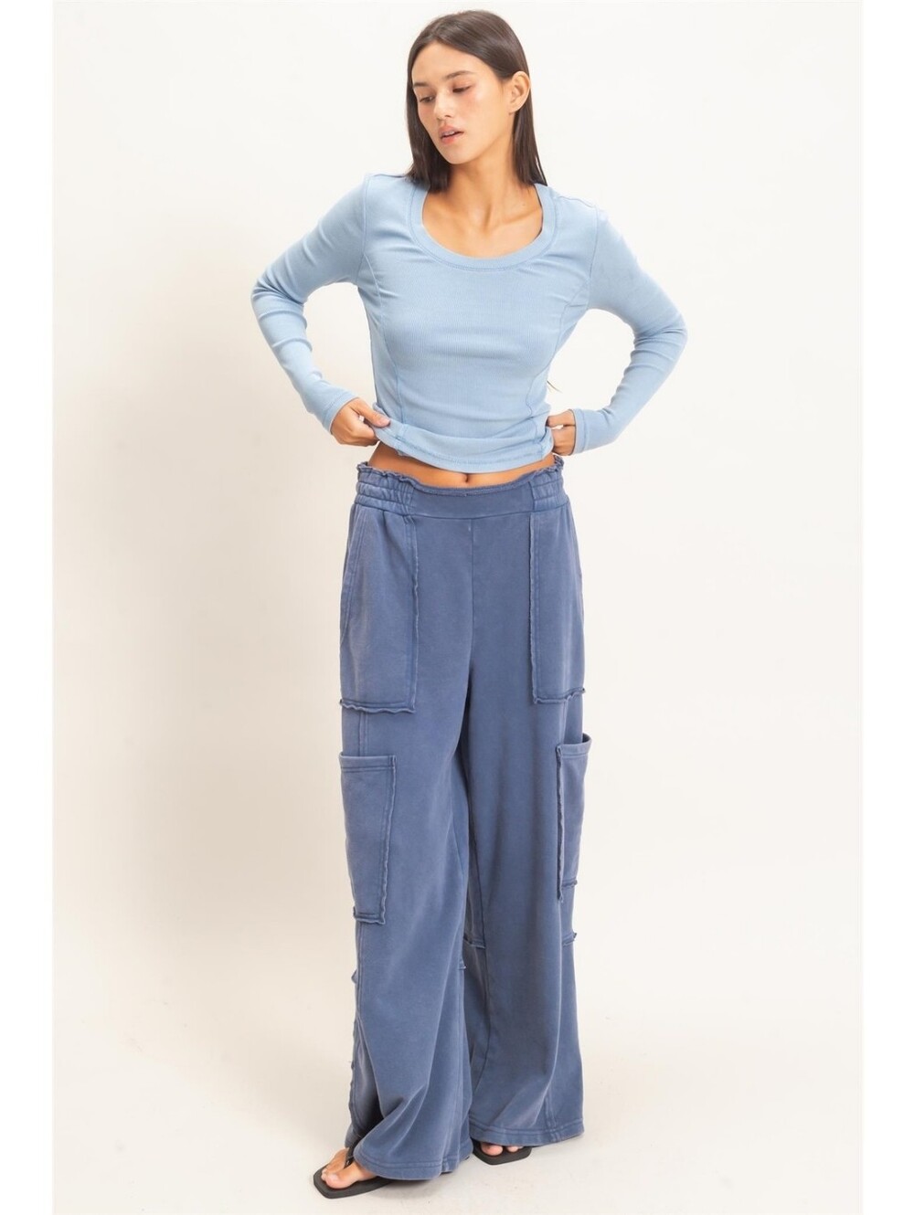 CloudDwellers Navy Blue Mineral Washed Cotton Blend Wide Leg Cargo Sweatpants - Picture 5 of 5